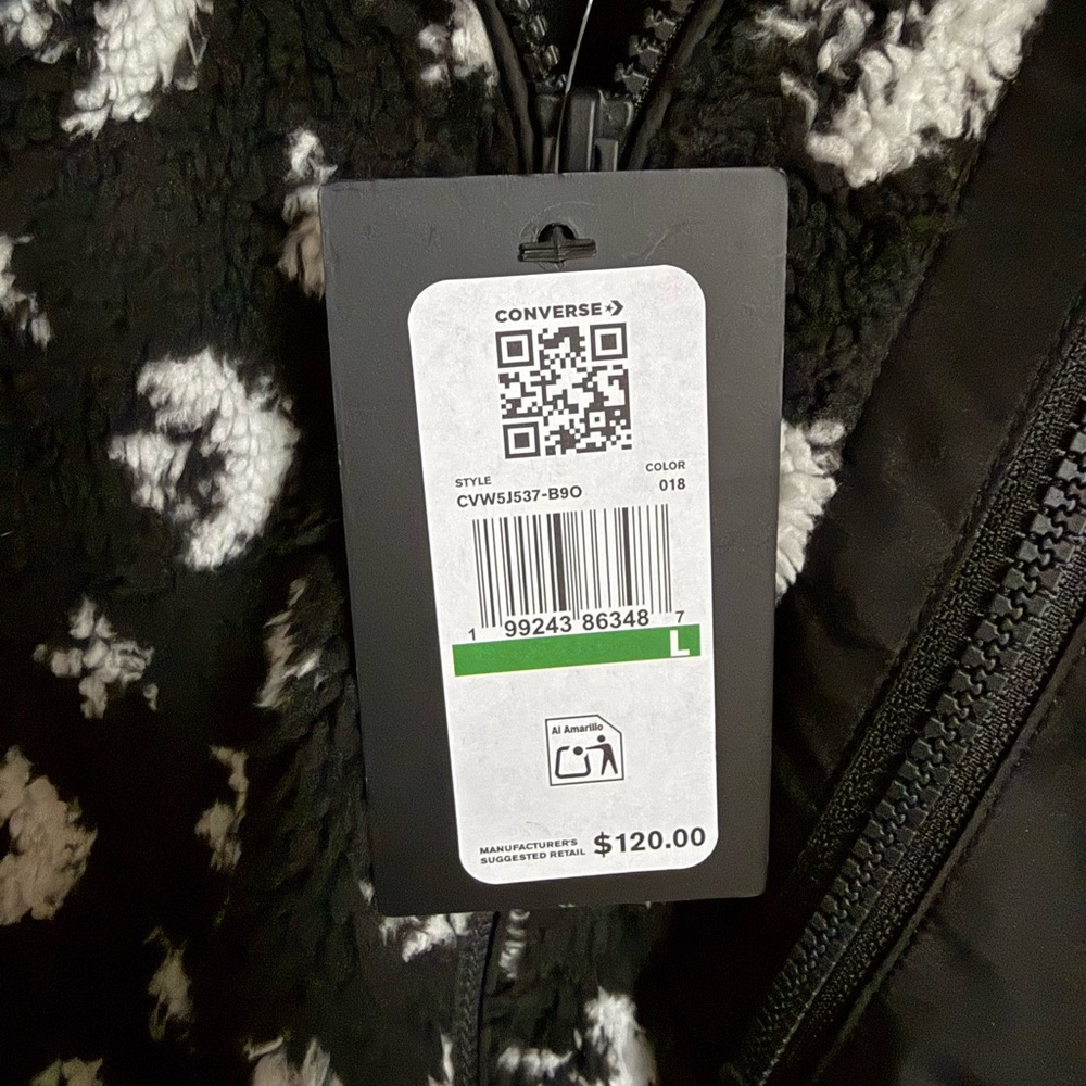🖤🤍Converse Black and White Patterned Fleece Teddy Full Zip Jacket NWT Size Large - Picture 12 of 12